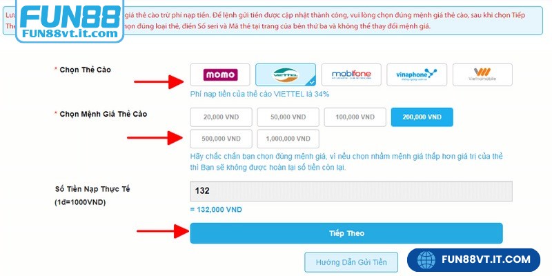 Mức nạp tiền tối thiểu tại FUN88 sẽ phụ thuộc vào từng phương thức