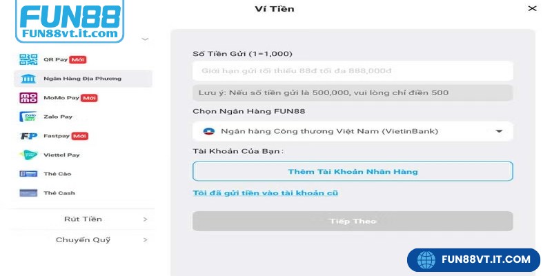 Nạp tiền FUN88 đơn giản bằng thanh toán trực tuyến